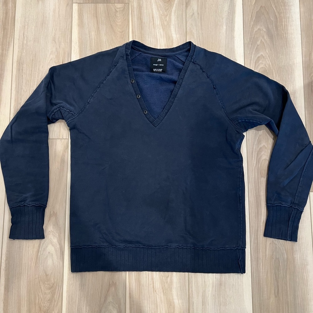 Wings + Horns Deep V-Neck Indigo Sweater
